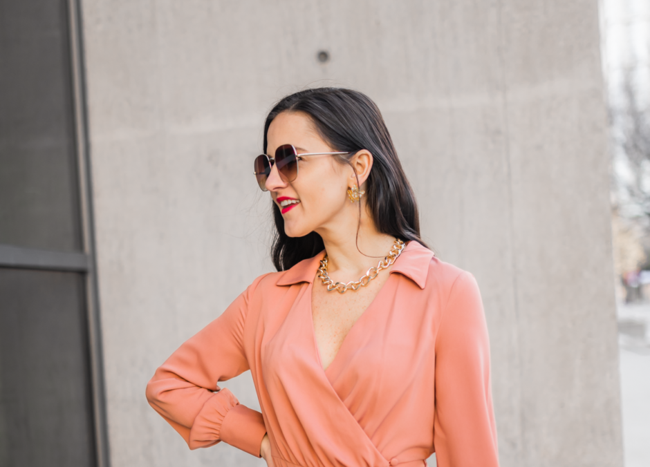 Coral Dress and Gold Chain Necklace