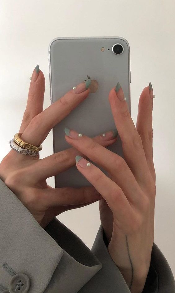 green rhinestone french manicure nail trend 2021