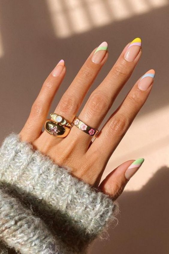multicolor french manicure almond nails