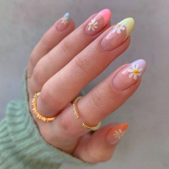 french manicure flower nail art almond nail trend 2021