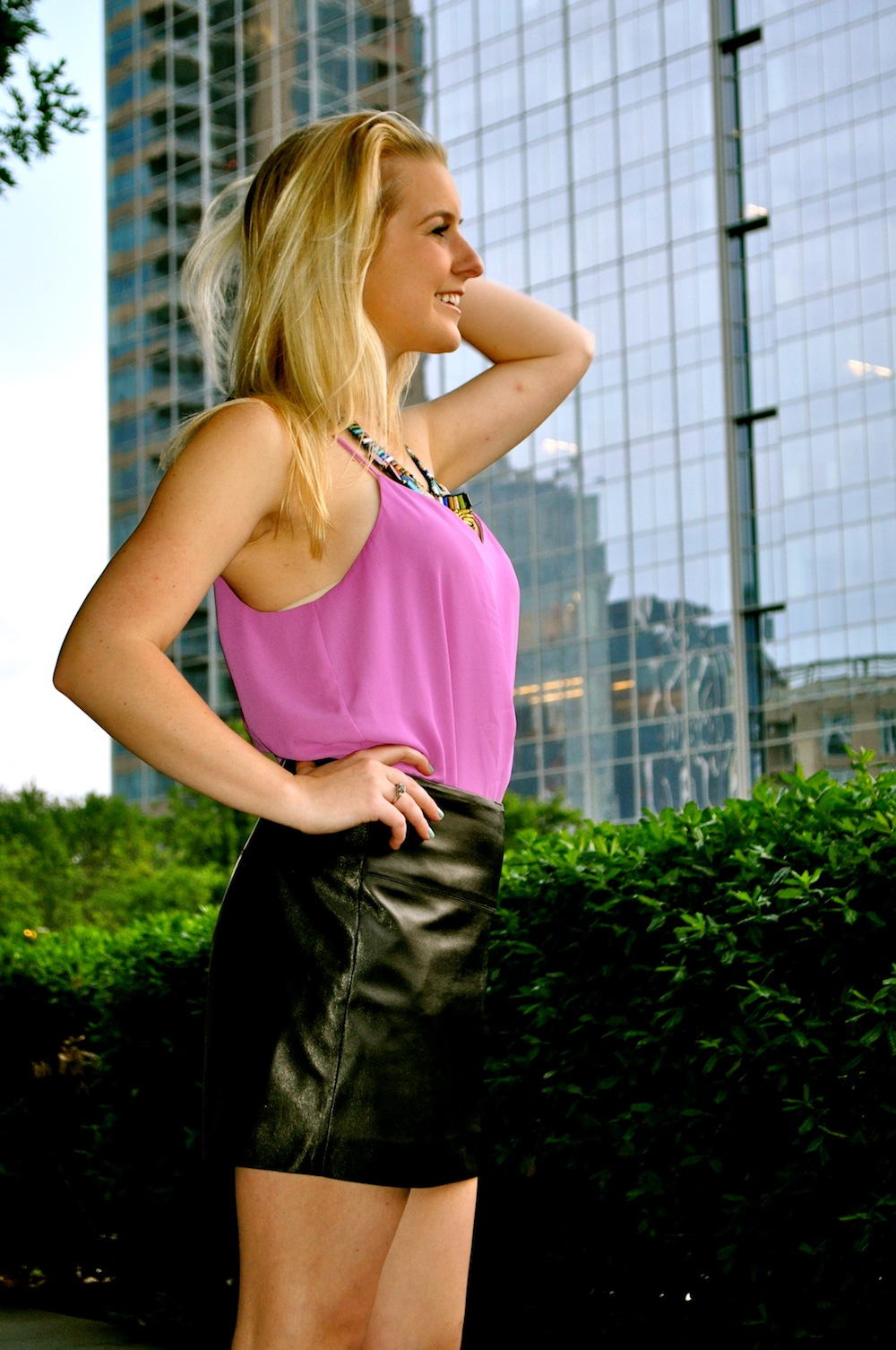 Pink top leather skirt