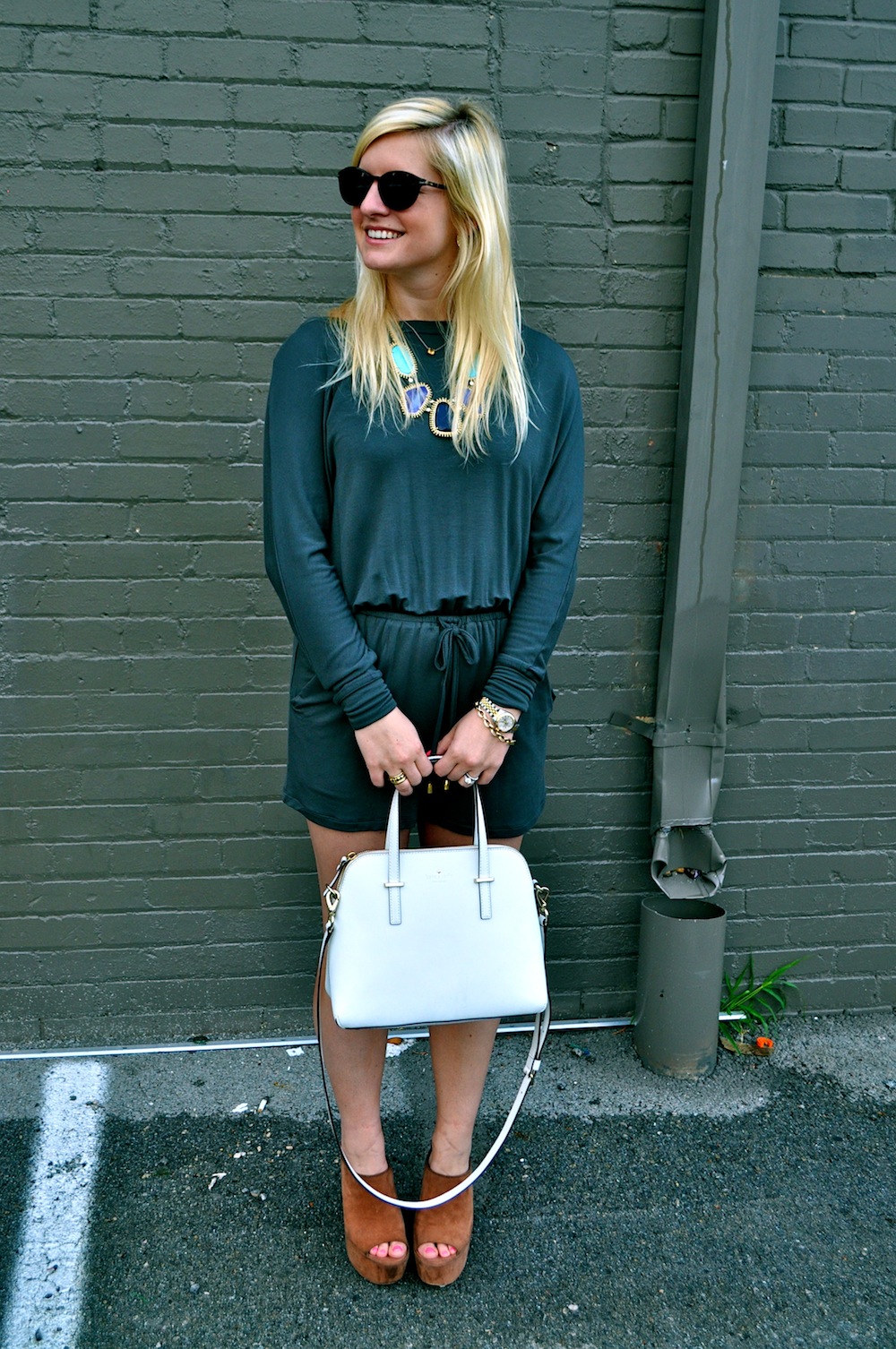 gray romper brown wedges