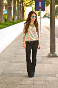 flared jeans and floral top