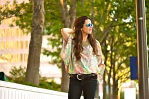 floral silk top and statement necklace