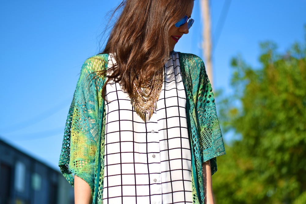 grid print blouse dress