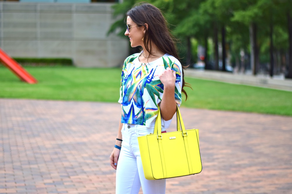 neon tote and white pants