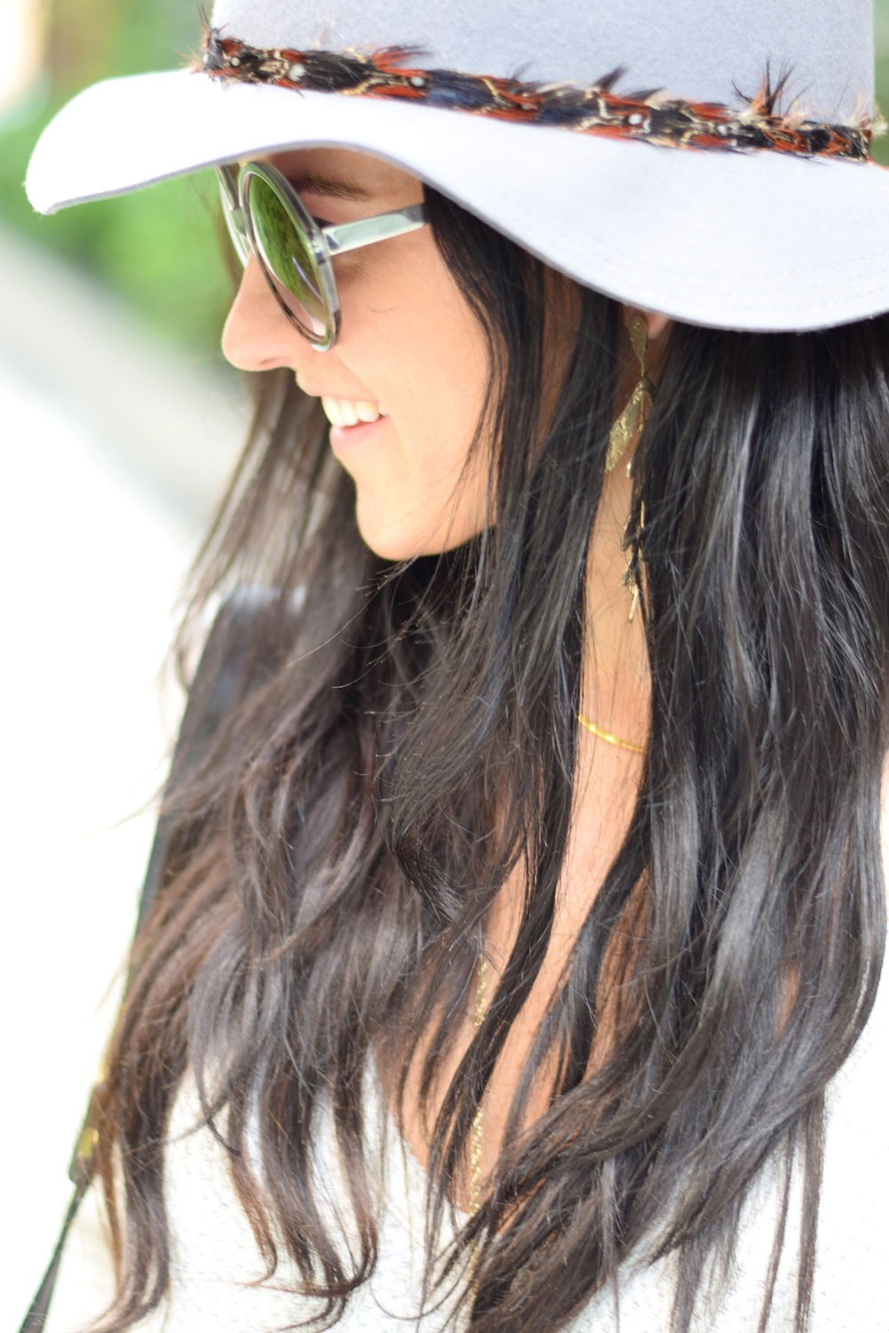 Gray floppy hat feather trim
