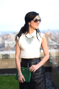 White crop top and leather pencil skirt