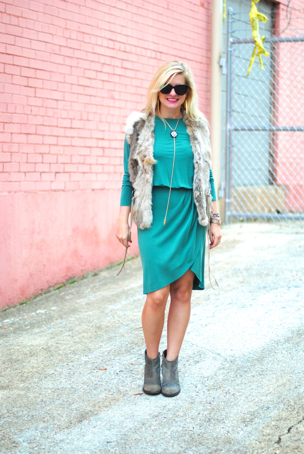 Fur vest over dress