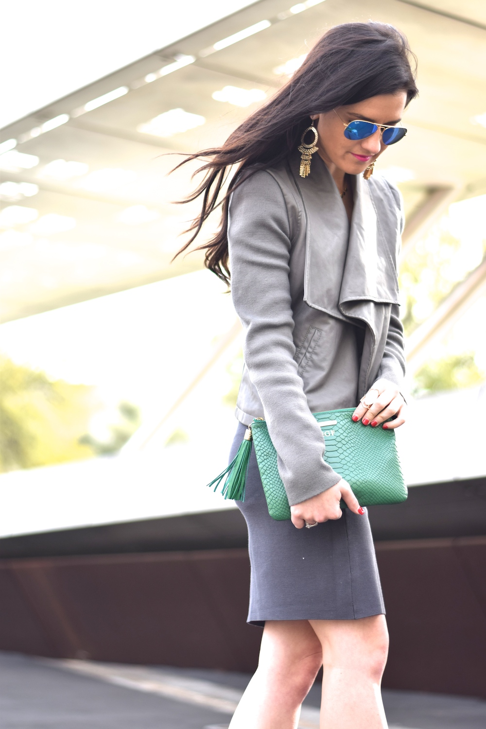 gray leather jacket and pencil skirt