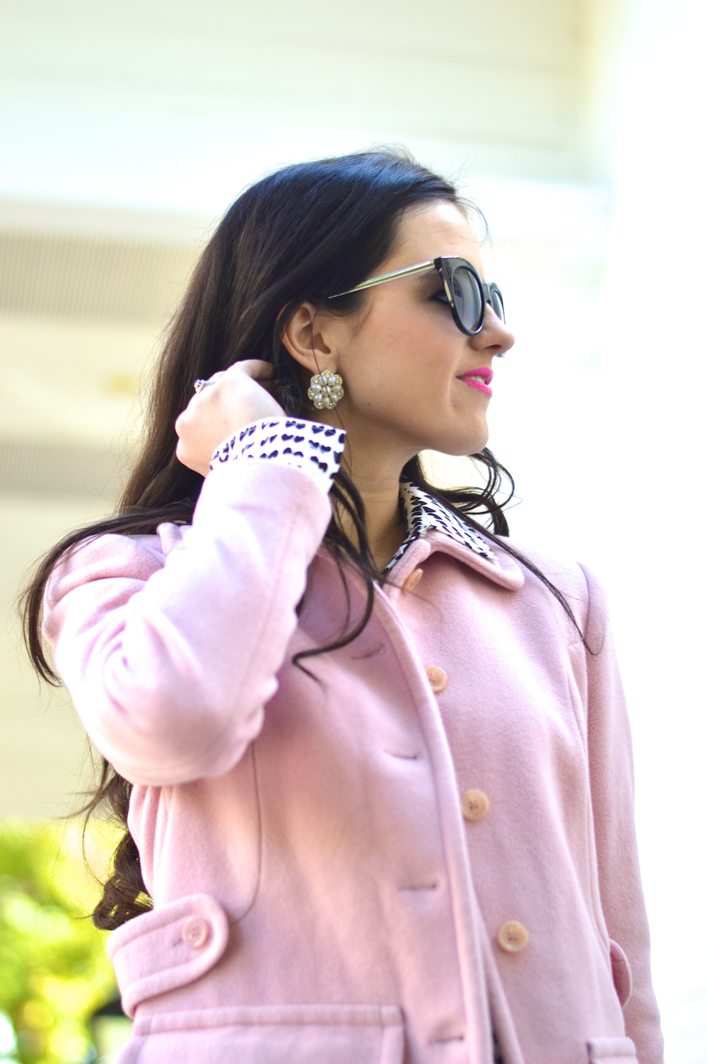 pink coat with j crew blouse