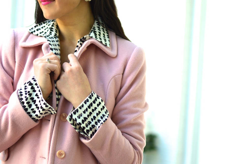 printed blouse with pink coat