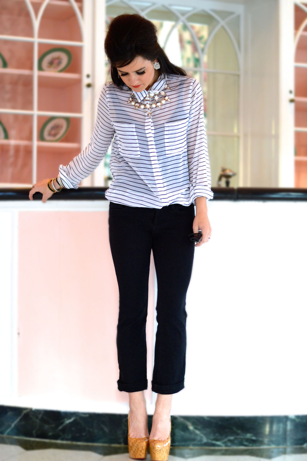 Cigarette pants and striped blouse