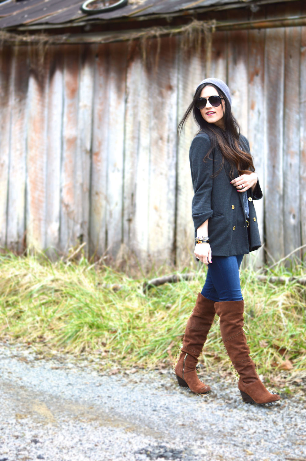blazer and over the knee boots