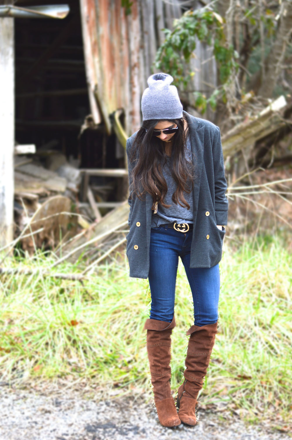 gray beanie and coat