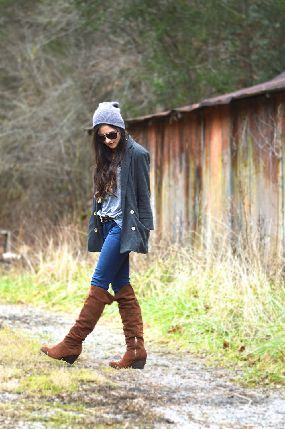 over the knee boots and blazer