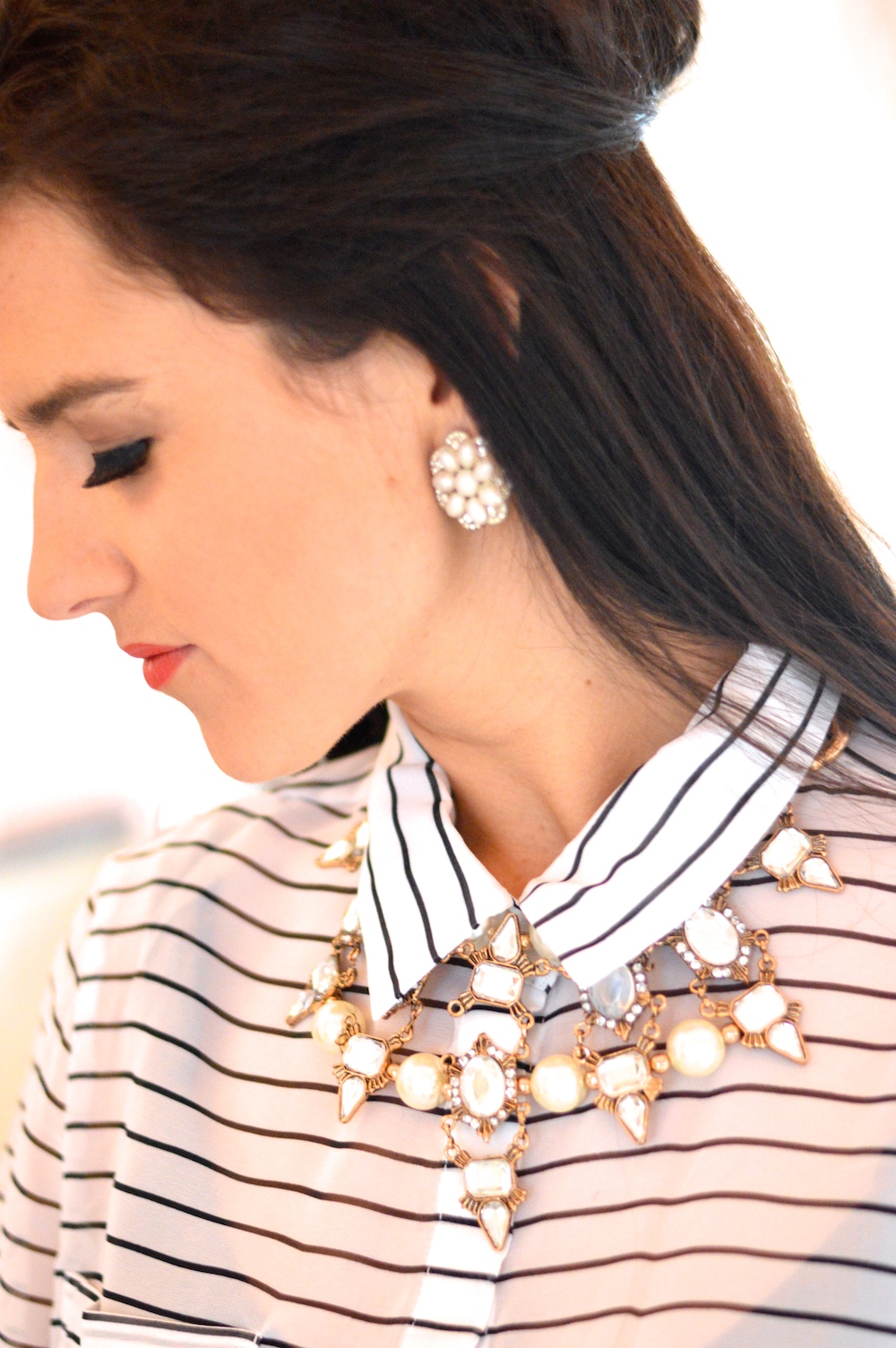striped blouse with pearls