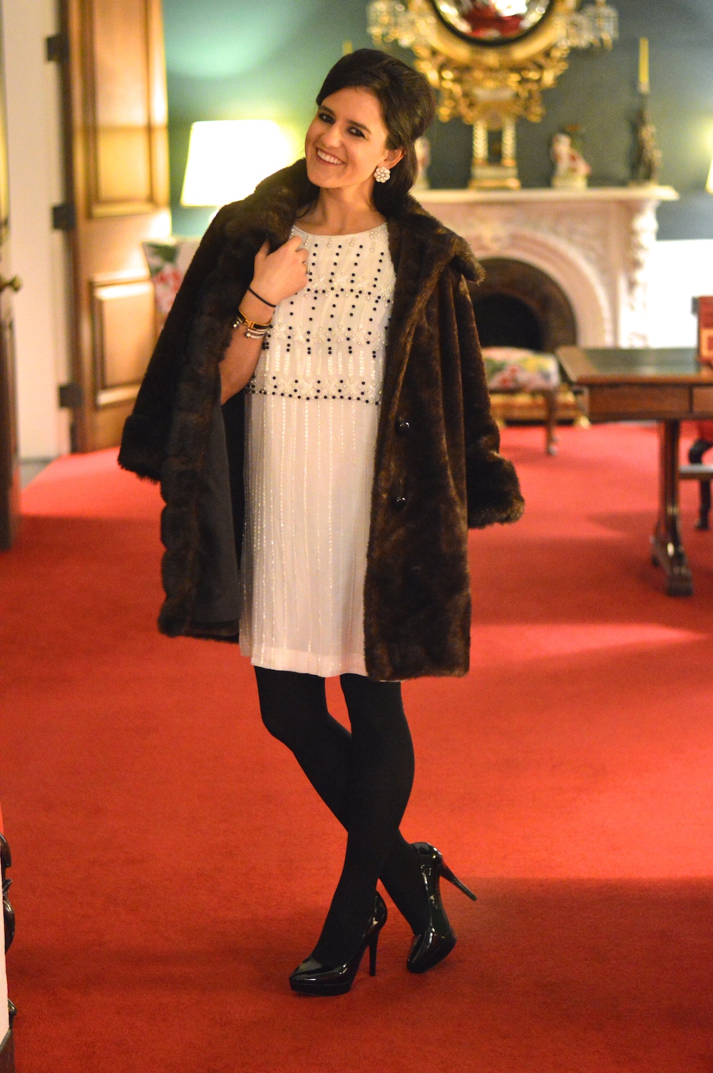 Fur Coat over White Dress