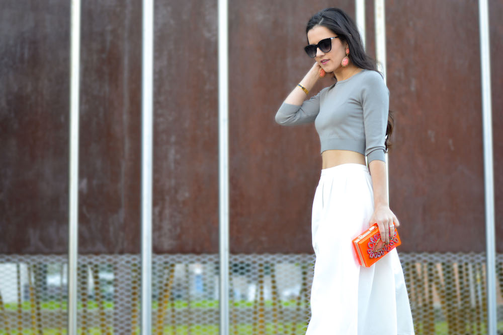 Gray Top and White Midi Skirt