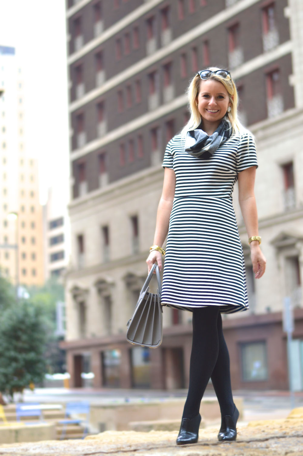 Striped Dress with Plaid Scarf
