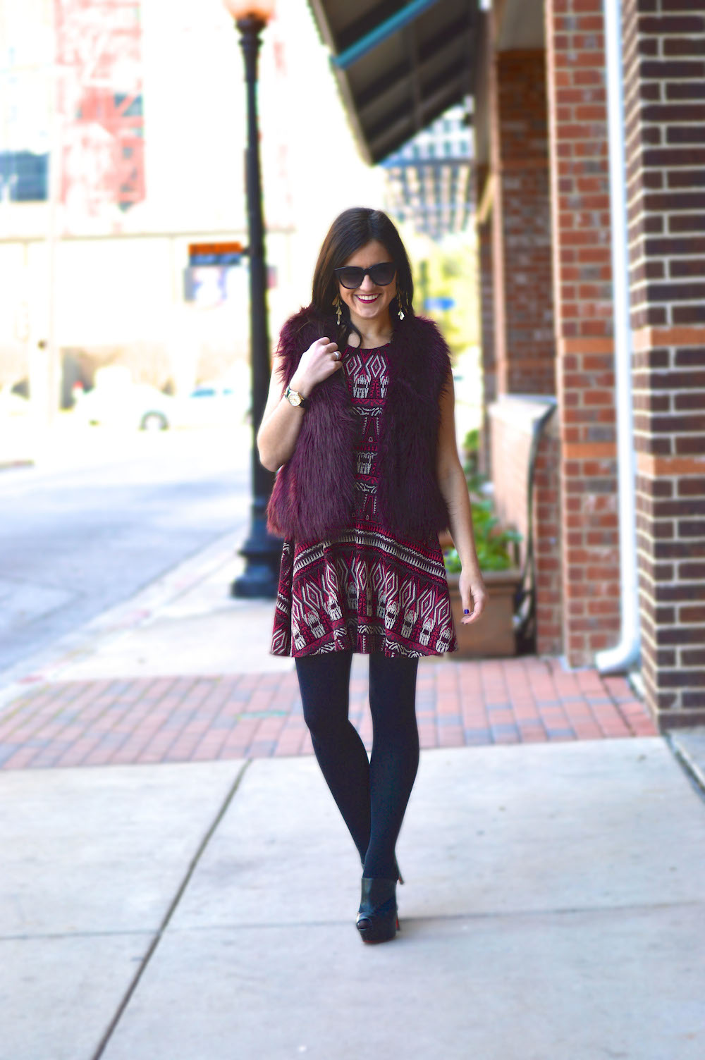 oxblood fur vest and dress