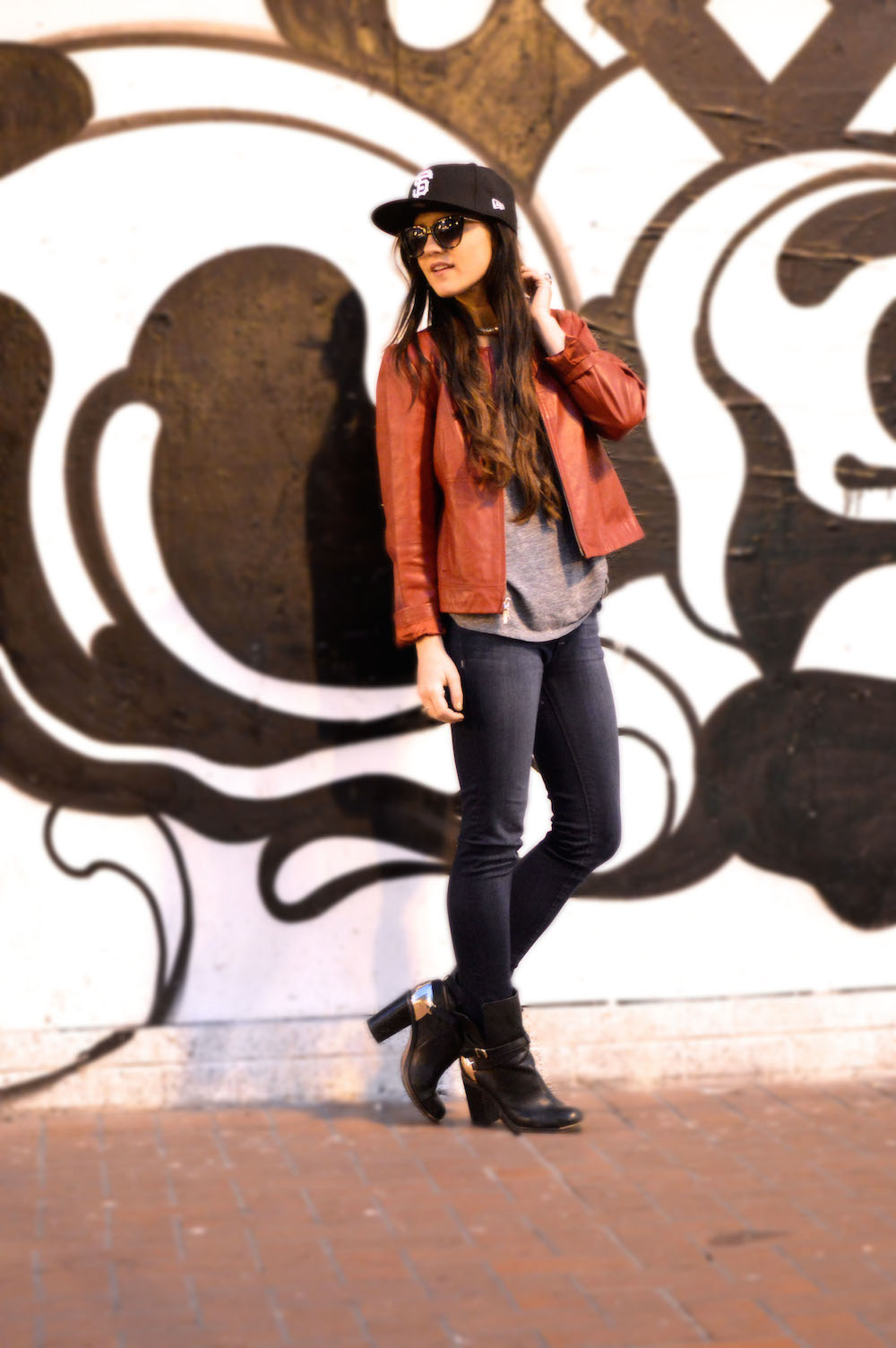 red leather jacket casual