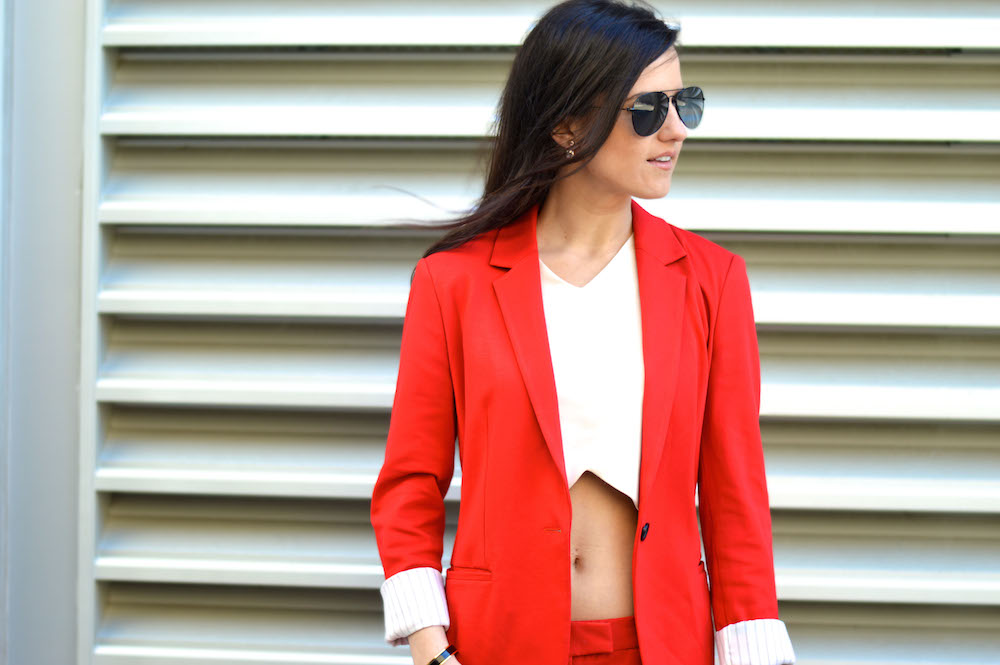 red crop top suit
