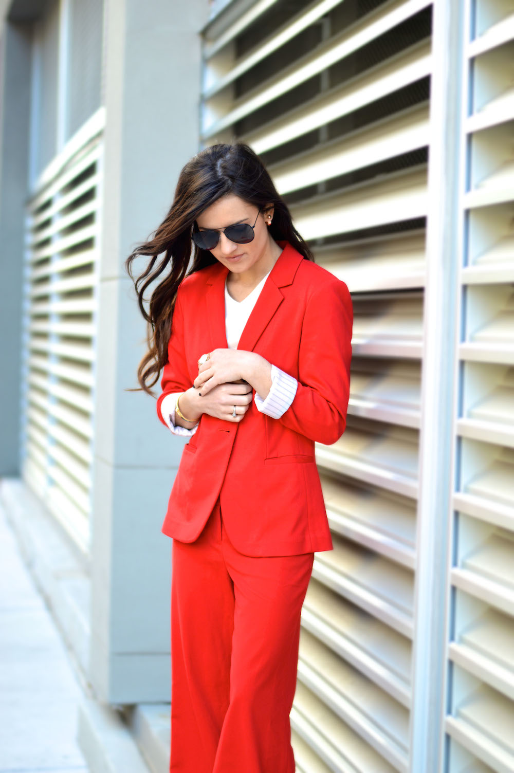 wide leg red pant suit