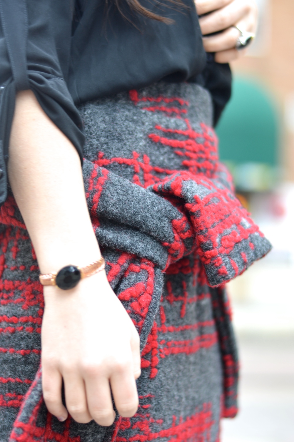 gray and red skirt set