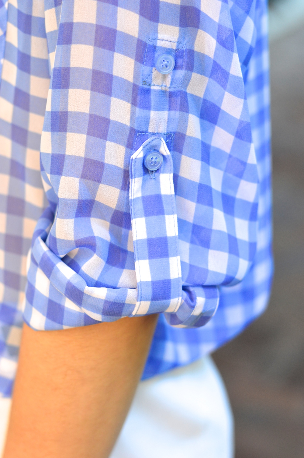 blue and white check blouse