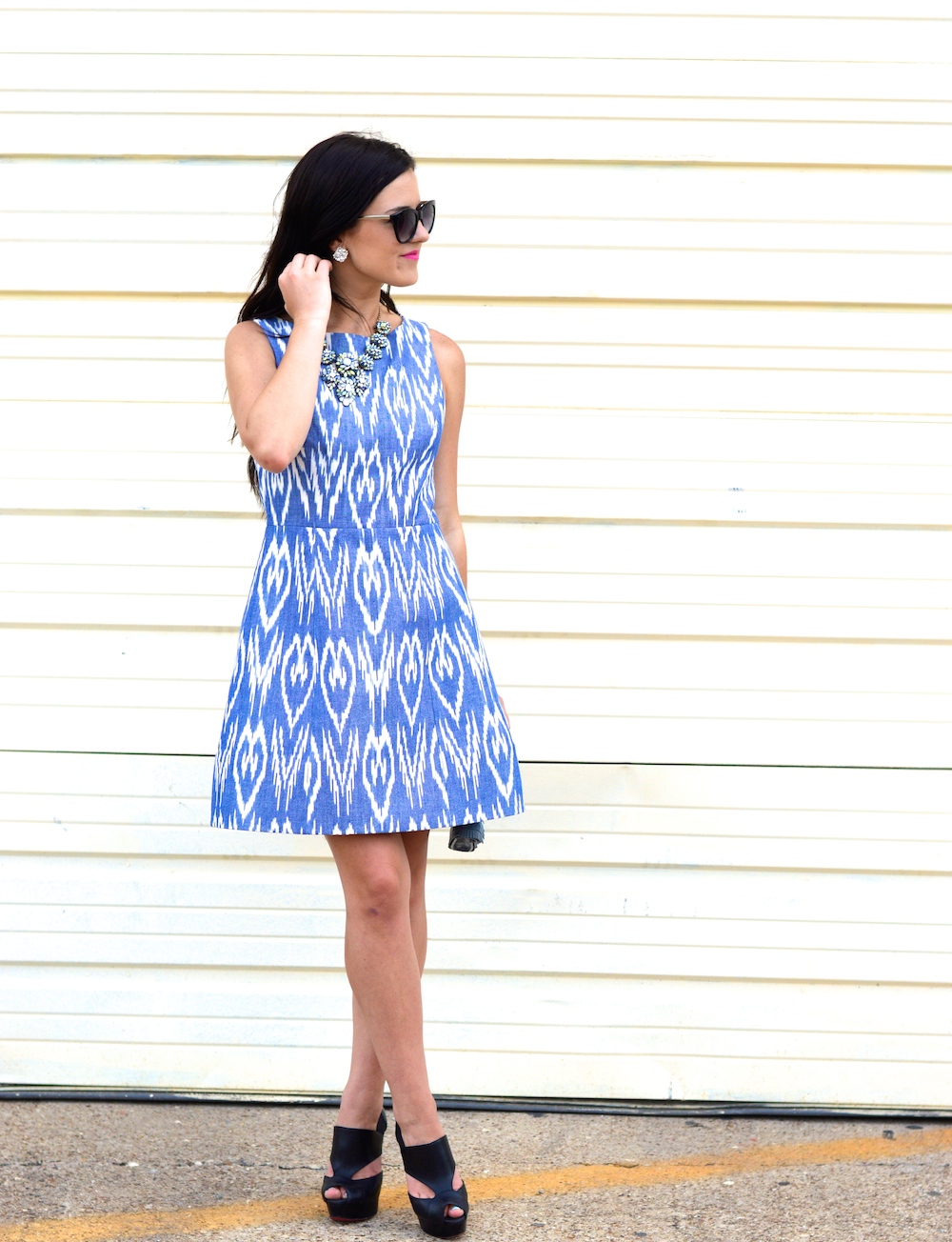blue and white shift dress