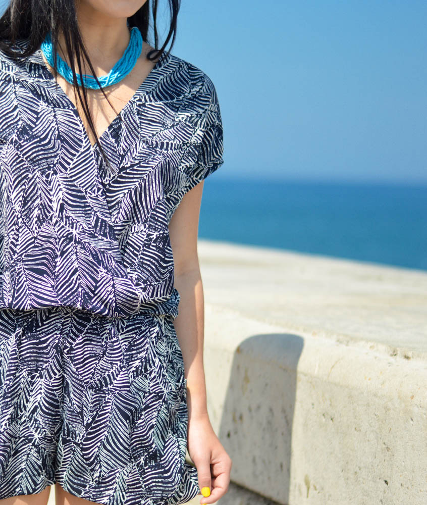 Blue and White Palm Romper
