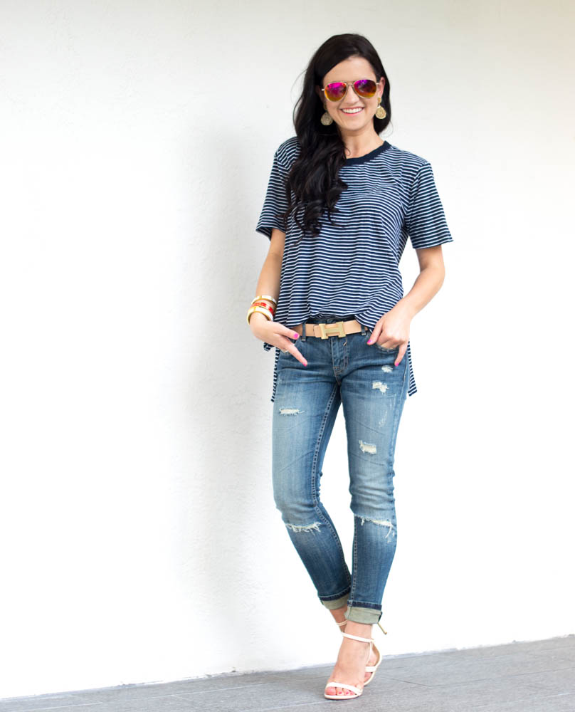 ripped jeans striped tee