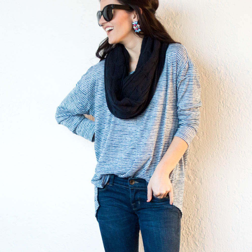 banana republic striped tee infinity scarf flare jeans-7