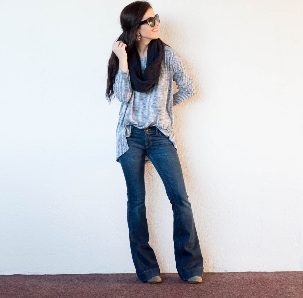 banana republic striped tee infinity scarf flare jeans-7