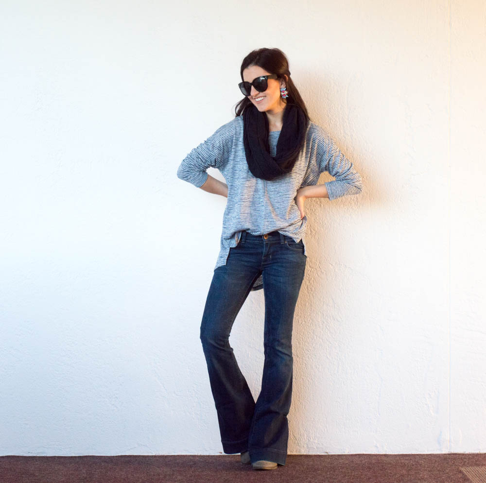 banana republic striped tee infinity scarf flare jeans-7