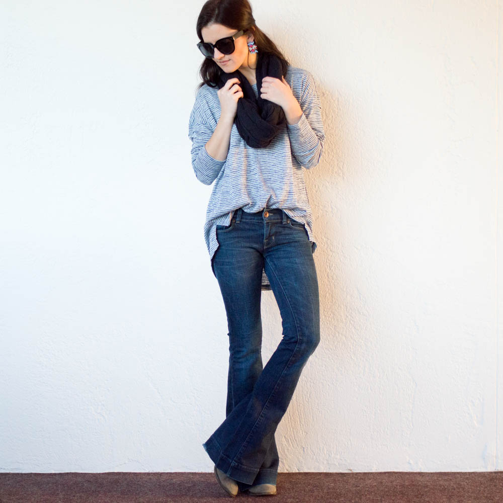 banana republic striped tee infinity scarf flare jeans-7