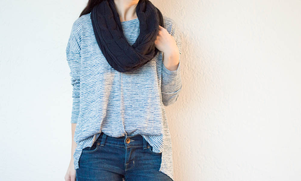 banana republic striped tee infinity scarf flare jeans-7