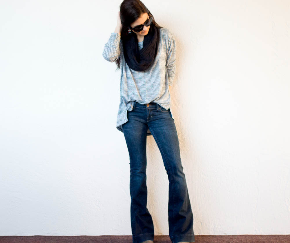 banana republic striped tee infinity scarf flare jeans-7