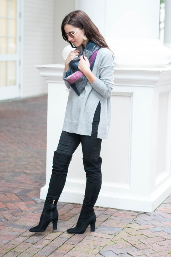 gray sweater over the knee boots