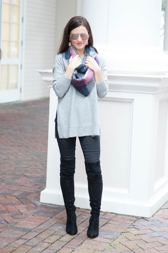 gray sweater over the knee boots