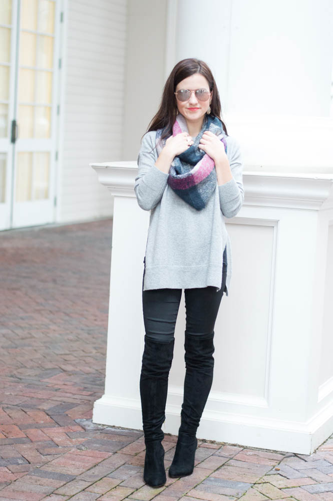 gray sweater over the knee boots