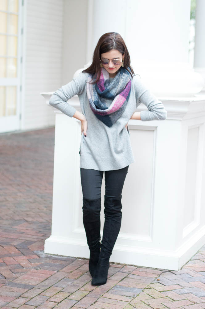 gray sweater over the knee boots