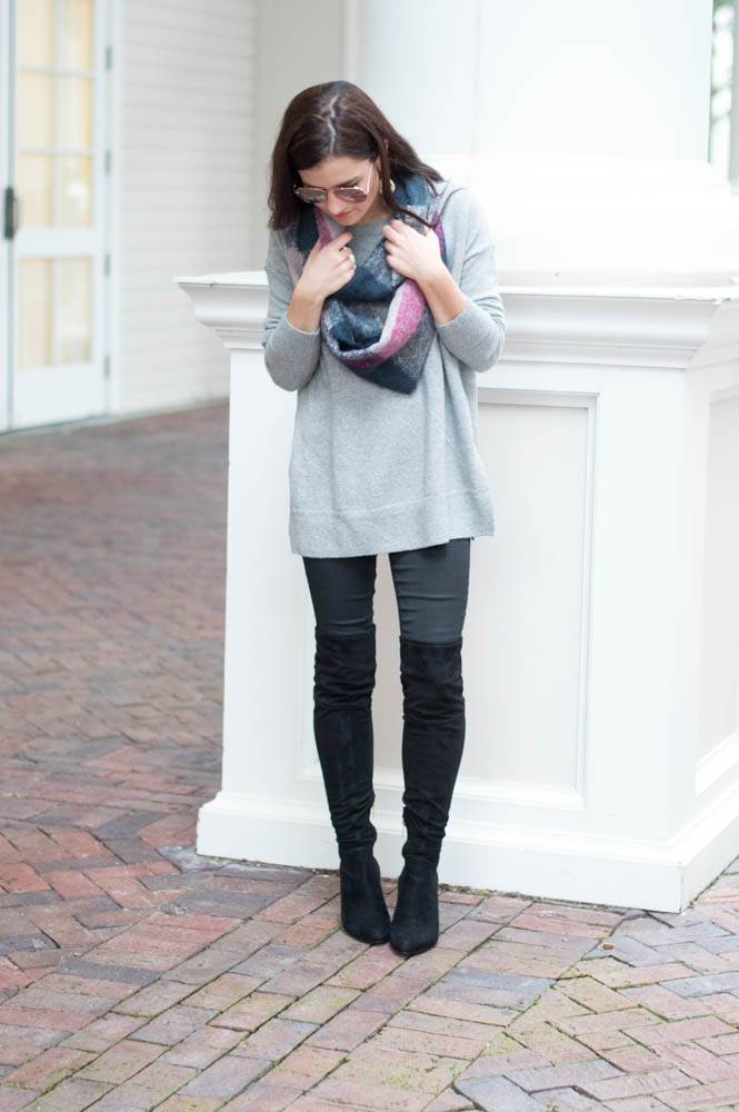 gray sweater over the knee boots
