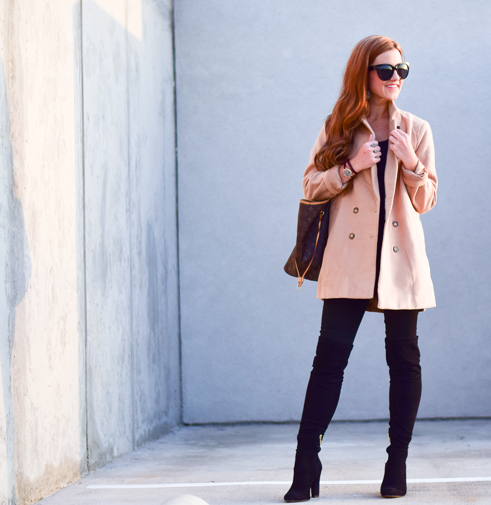 Tan pea coat and over the knee black boots-7