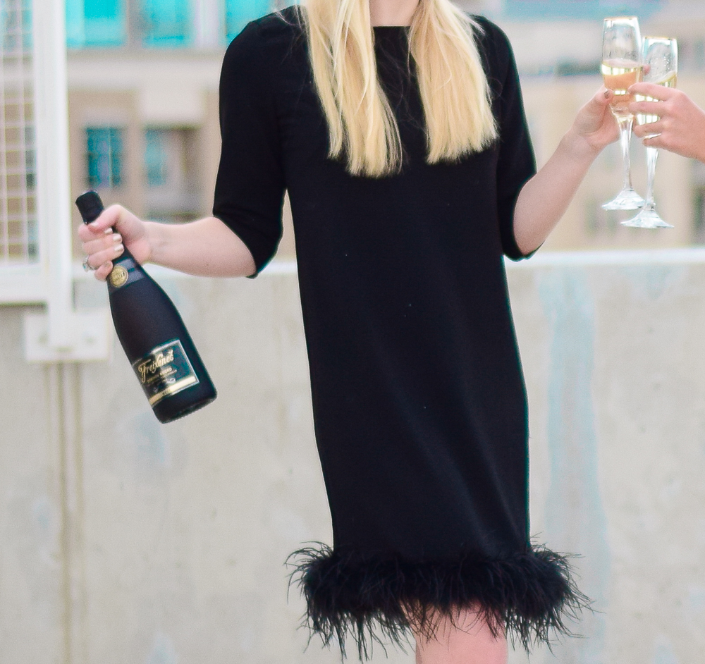 feather hem black dress champagne freixenet