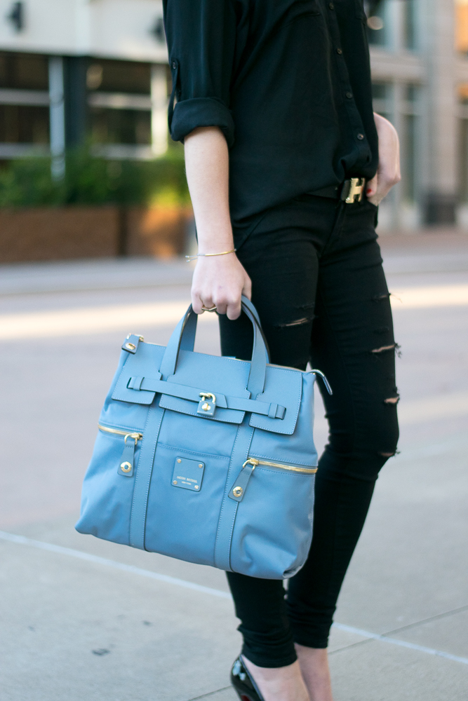 Black outfit henri bendel backpack jetsetter blue