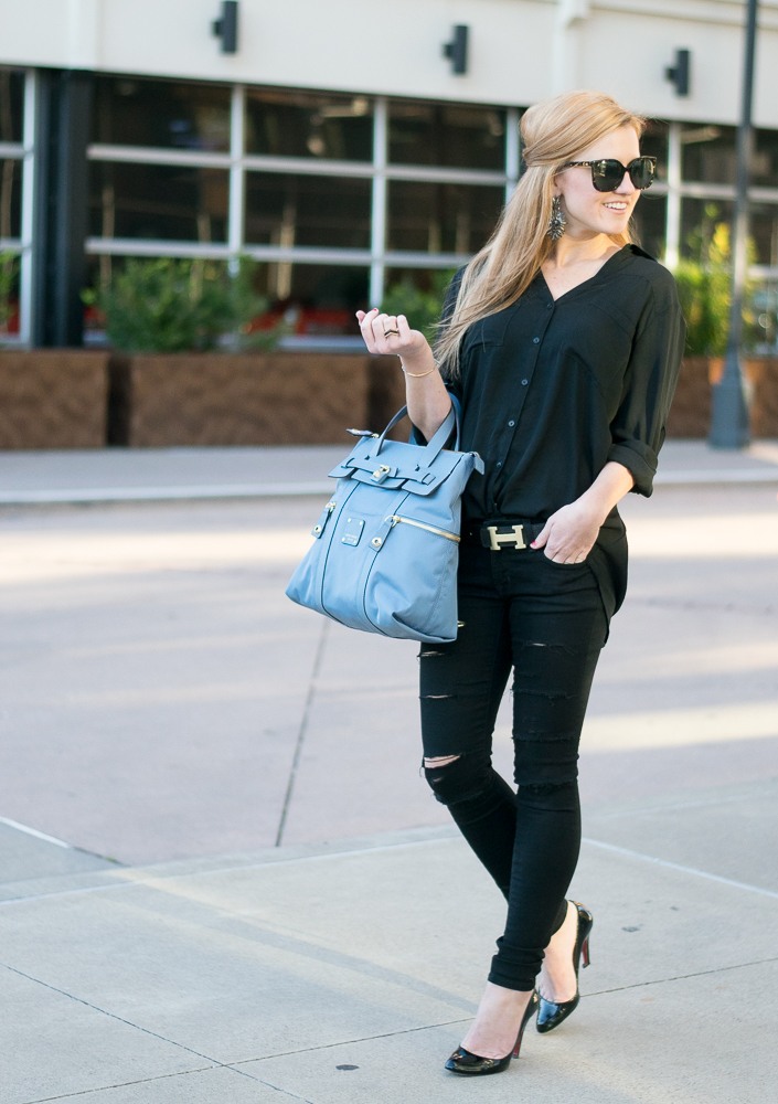 Black outfit henri bendel backpack jetsetter blue