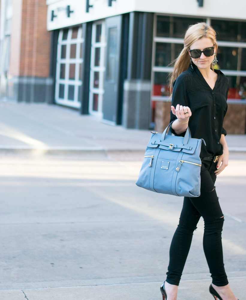 Black outfit henri bendel backpack jetsetter blue