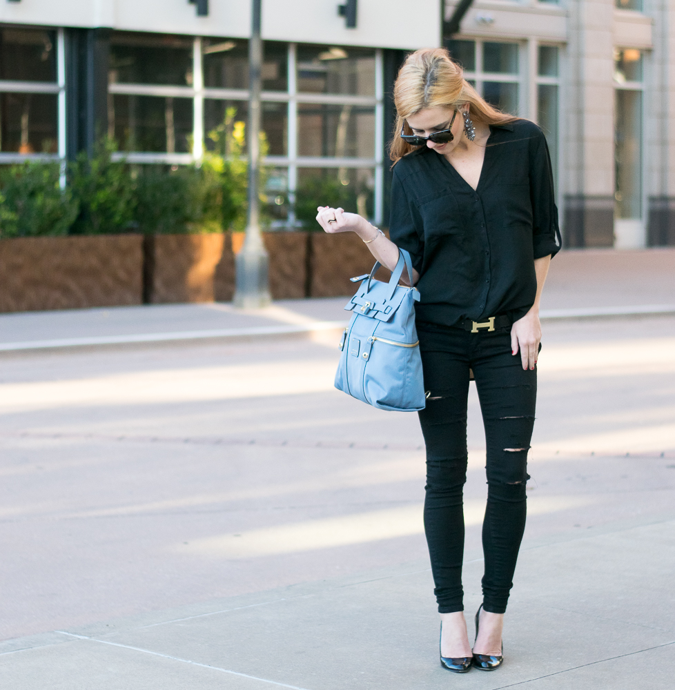 Black outfit henri bendel backpack jetsetter blue